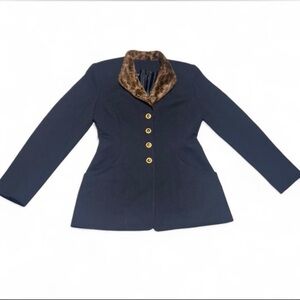Elegant.Navy Blazer Jacket with Faux Fur Collar